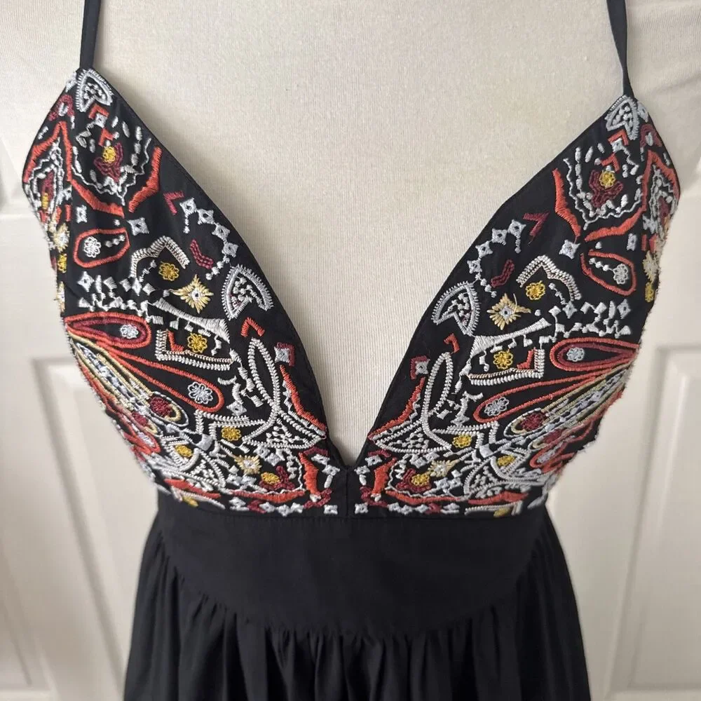 Abercrombie Fitch Womens Boho Embroidered Maxi Dress Medium Black Festival Style